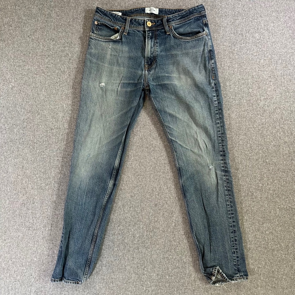 Jack & Jones Jeans Mens 32 Clark Regular Fit Blue Distressed Rugged Denim